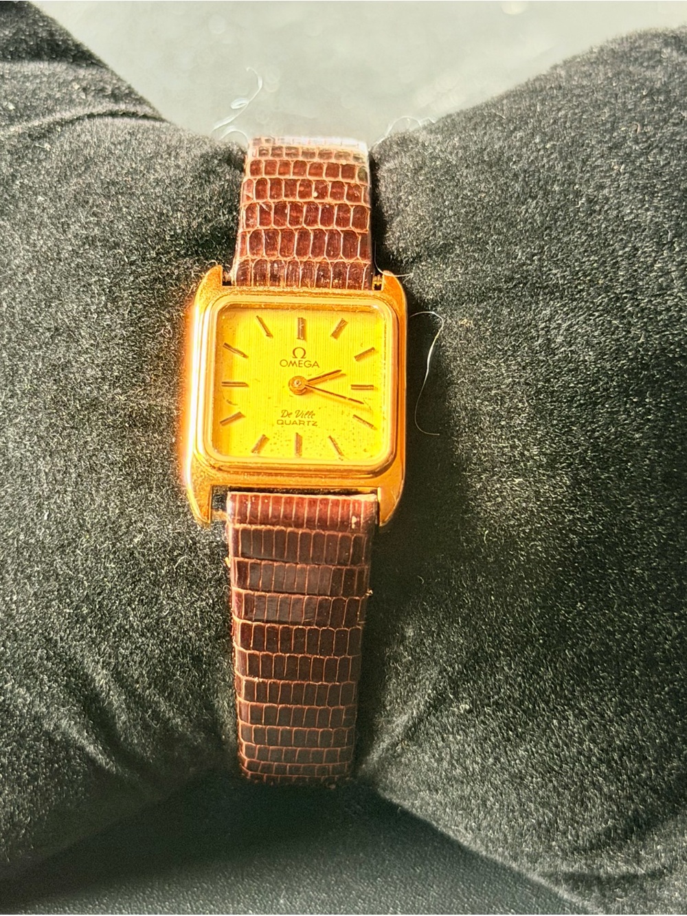 Omega Gold-Tone Square Dial Watch with Brown Leather Strap